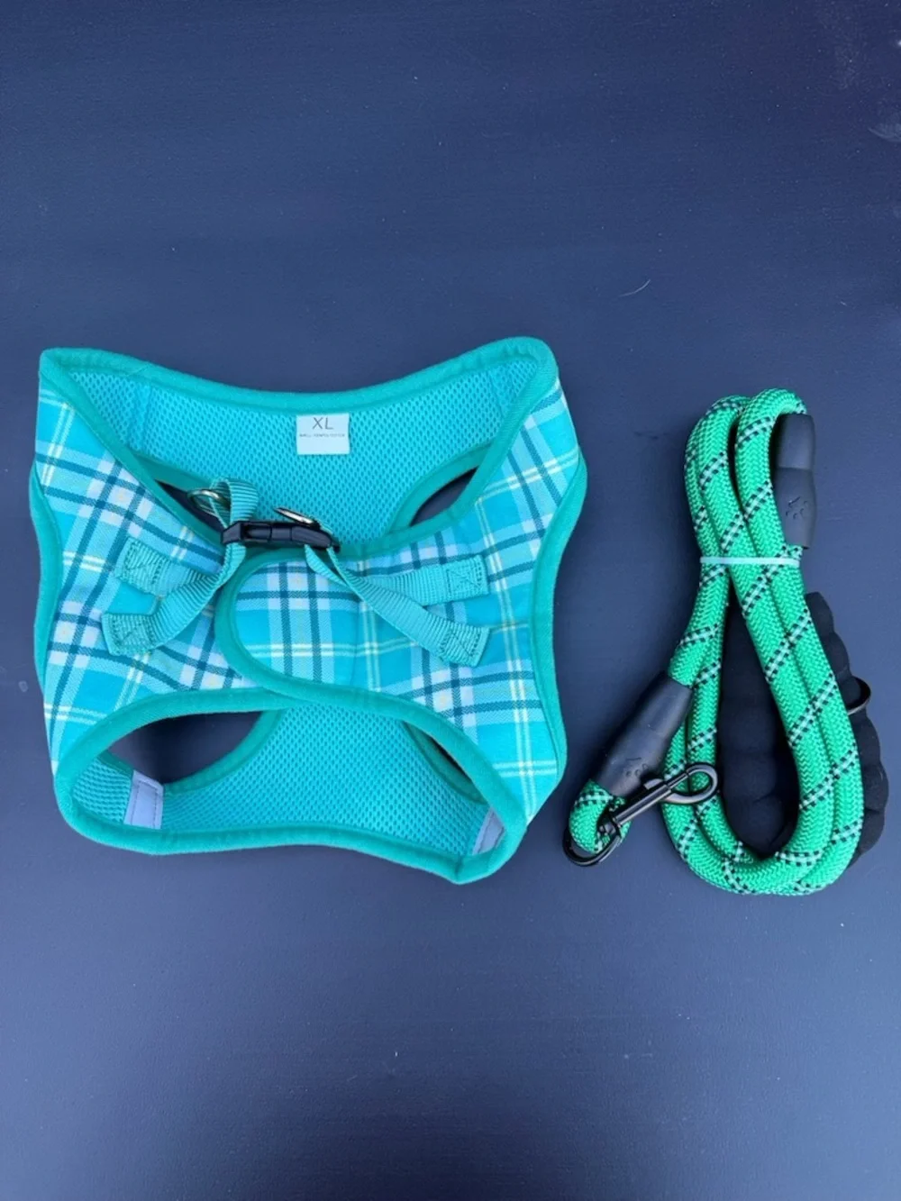 Teal Plaid Dog Harness and Rope Leash Set - Durable Comfort for Daily Walks🐾🌟💚